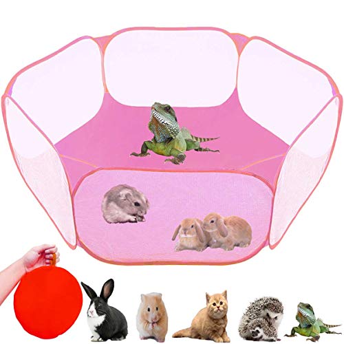 Small Animals Tent,Reptiles Cage,Breathable Transparent Pet Playpen Pop Open Outdoor/Indoor Exercise Fence,Portable Yard Fence (Pink) - color: Pink