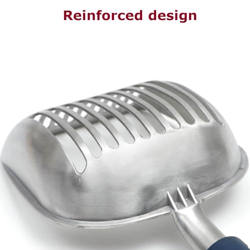 Cat Litter Scoop, Kitty Metal Scooper, Aluminum Alloy Sifter, Kitten Pooper Lifter, Deep Shovel, Long Handle, Poop Sifting, Durable, Heavy Duty, for Litter Box - color: Flat Aluminum-Blue Handle, size: Large