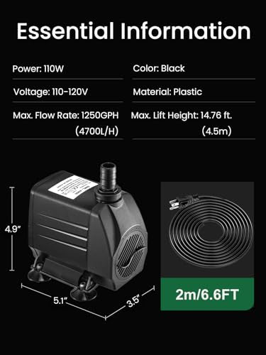 GROWNEER 1250GPH Submersible Pump 110W Fountain Water Pump 4700L/H, with 14.7ft High Lift, 4 Nozzles for Aquarium, Fish Tank, Pond, Hydroponics, Statuary, Garden, Black (1250GPH) - size: 1250GPH