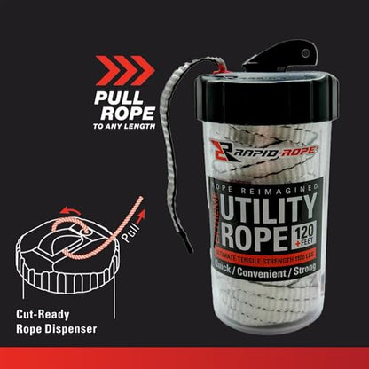 Rapid Rope Canister, 120ft White Tactical Paracord, 1100lb Test, USA Made | Heavy Duty Poly Rope Test Cord, Non-Tangle Dispenser Included, For Hiking, Camping, Survival, Utility, Stocking Stuffer, Gift - size: 120ft, style: White