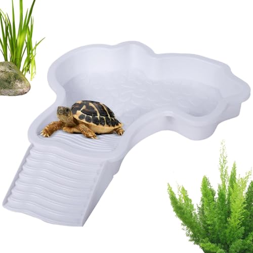 Reptile Bathing Tub Aquarium Ornament | Turtle Soaking Tub with Ladder Turtle Pool Scenery for Gecko, Turtle, Bearded Dragon, Aquatic Climbing Pet, Amphibians - color: White