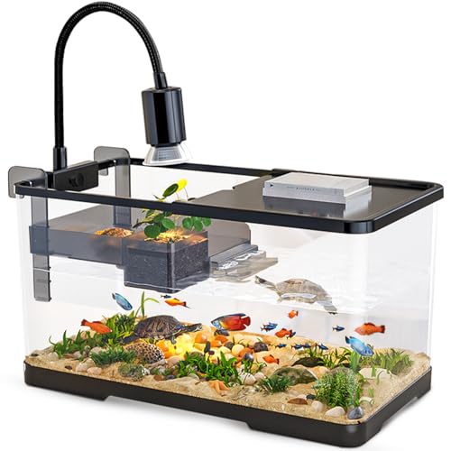 (Tank + Light + Filter + Filter Balls) Turtle Tank Kit, Turtle Tank Starter Kit,Bottom Drainage, Multi-Function Areas for Turtles, Crabs,Fishes, Amphibians,Reptiles. (21.65 x 12.28 x 12.28 Inch) New - size: (XL+Light+Filter+Filter Balls)new