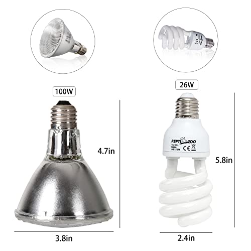 REPTI ZOO Reptile Heat Lamp Reptile Light Fixture Combo Pack, 100W UVA Turtle Basking Spot Lamp Reptile Heat Bulb & 26W UVA UVB Reptile Light Fluorescent UVB Bulb 5.0