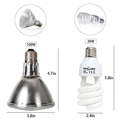 REPTI ZOO Reptile Heat Lamp Reptile Light Fixture Combo Pack, 100W UVA Turtle Basking Spot Lamp Reptile Heat Bulb & 26W UVA UVB Reptile Light Fluorescent UVB Bulb 5.0
