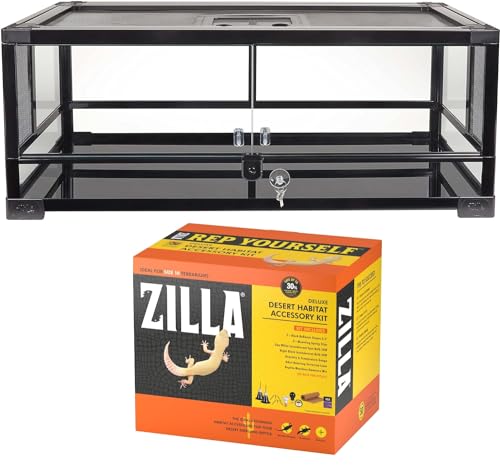 Zilla QuickBuild Terrarium Habitat with Swing Door, 30"x12"x12" with Zilla Pet Reptile Desert Terrarium Habitat Accessory Kit Bundle
