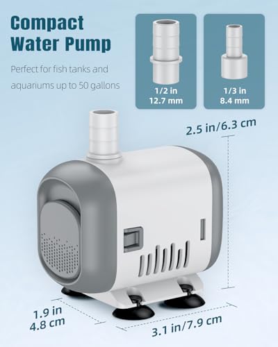 Pawfly Small Fountain Pump, 240 GPH Submersible Water Pump for Fountain, 12 W Mini Water Pump with 3.9 ft. High Lift, Quiet Water Fountain Pump for Aquarium Fish Tank & Waterfall - size: 240 GPH