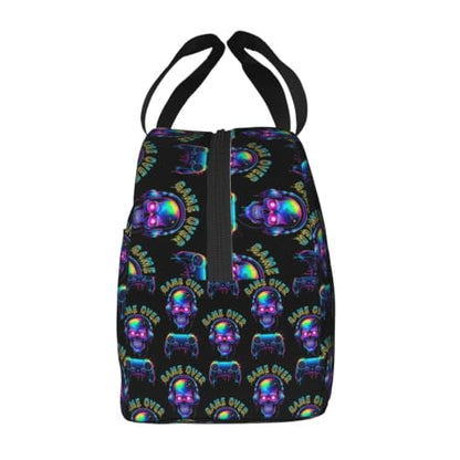 Women Skull Video Print Insulated Lunch Box Tote | Skull Video Game Over Print, Neoprene Hot & Cold Thermal Bag, Adjustable Strap for Hiking & Commute - color: Pattern (869)