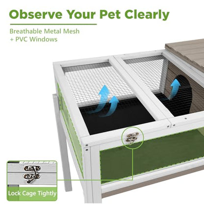 Standing Tortoise Habitat with Lamp Holder in Indoor & Outdoor, Wooden Turtle Enclosure Table with Detachable Legs, Leakproof Tray, Openable Roof for Tortle, Lizard, Chameleon, Grey