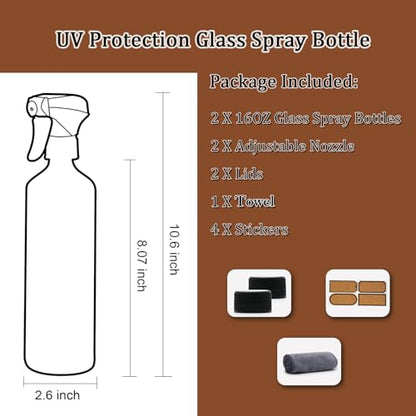 Glass Spray Bottles for Cleaning,16 OZ 2 Pack Continuous Empty Water Mister Spray Bottles for Hair,Plants Mister,Adjustable Nozzle,Black - color: Black
