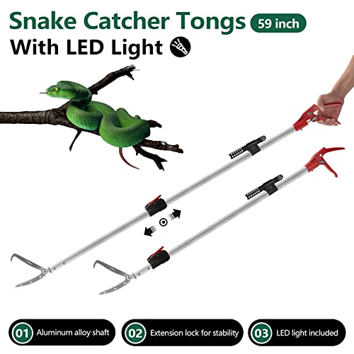 Snake Catcher Tongs Grabber Rattle Heavy Duty | with 43 inch to 59 inch Telescopic Pole
