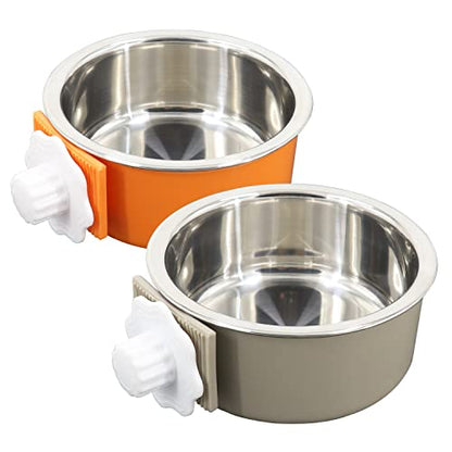 Dog Crate Bowl, Hanging Stainless Steel Removable Pet Crate Water & Food Bowls, Pet Cage Feeder Container Coop Cup for Cat Puppy Birds Rats Guinea Pigs Rabbit Hamster (2PCS) - color: (Round) Orange/Grey