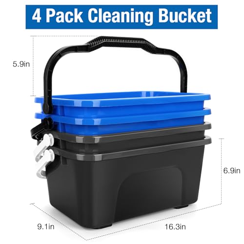 3 Gallon Mop Cleaning Water Bucket with Handle,4 Pack | Compact Square Plastic Bucket for Window Cleaning | Car Washing | Mopping & Household Cleaning Supplies Organizer Wash Bucket
