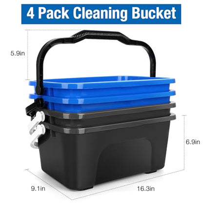 3 Gallon Mop Cleaning Water Bucket with Handle,4 Pack | Compact Square Plastic Bucket for Window Cleaning | Car Washing | Mopping & Household Cleaning Supplies Organizer Wash Bucket