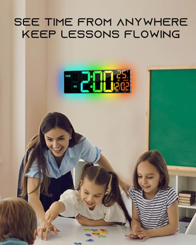 EASYERA 16.5" Large Digital Wall Clock with BT Sync,11 RGB Lights | Classroom Clock Remote Control, Big LED Display, Dual Alarms, Auto DST, Temperature | Gaming - color: Black