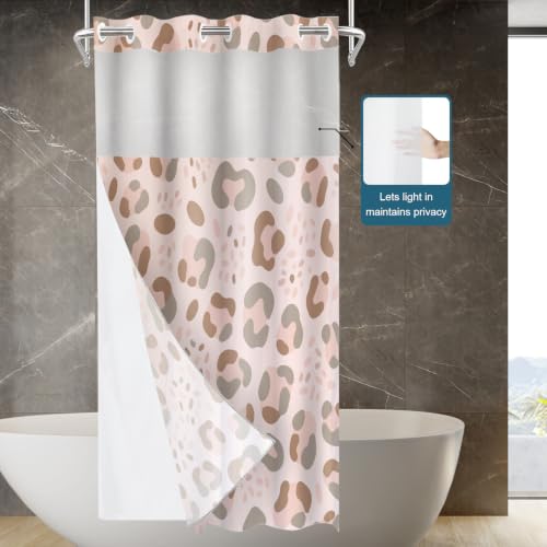 Satin Pink Leopard Print No Hooks Shower Curtain with Snap in Liner Set, Animal Nature Cat Wildlife Fur Polyester Shower Curtain for Stall Bathroom Waterproof 35.5X74 Inch - color: Animal Leopard Print Pink, size: 35.4"W x 74"L (Pack of 1)