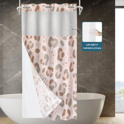 Satin Pink Leopard Print No Hooks Shower Curtain with Snap in Liner Set, Animal Nature Cat Wildlife Fur Polyester Shower Curtain for Stall Bathroom Waterproof 35.5X74 Inch - color: Animal Leopard Print Pink, size: 35.4"W x 74"L (Pack of 1)