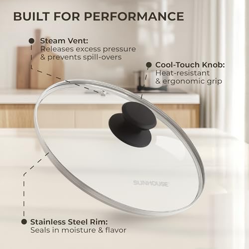 SUNHOUSE 9.5 Inch Pan Lid, Tempered Glass Lid with Heat-Resistant Knob | Clear Replacement Cover for Frying Pans, Pots, Cast Iron Skillet - Stainless Steel Rim - Dishwasher & Oven Safe to 400F - size: 9.5 inch