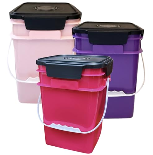 4 Gallon Square Food Grade Bucket Pail with Plastic Handles and Lid (Pack of 3) Made in USA containers (Pink/Magenta/Purple - Black lids) - color: Pink/Magenta/Purple - Black Lids