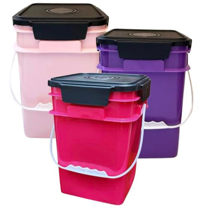 4 Gallon Square Food Grade Bucket Pail with Plastic Handles and Lid (Pack of 3) Made in USA containers (Pink/Magenta/Purple - Black lids) - color: Pink/Magenta/Purple - Black Lids