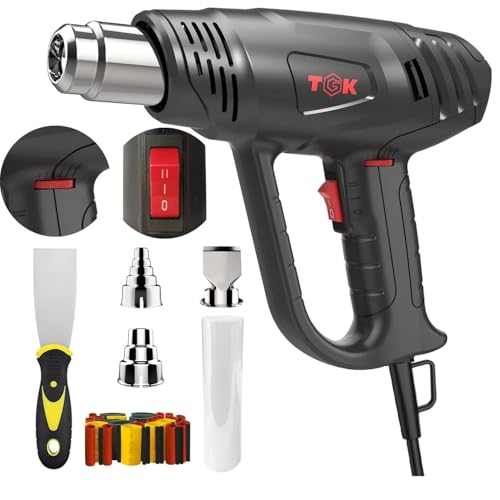 Heat Gun, TGK® 1800W Heavy Duty Hot Air Gun Kit 122℉~1202℉ Dual Temperature Settings with 3 Nozzle Attachments Overload Protection for Crafts, Shrink Wrapping/Tubing, Paint Removing, Epoxy Resin - color: Black