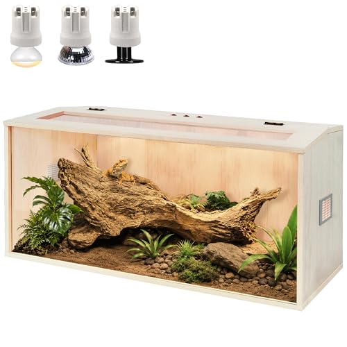 Bearded Dragon Tank,Wooden Reptile Tank and Lizard Tank,Tempered Glass Large Bearded Dragon Enclosure with Built-in Lamp Fixture (40X20X20inch,65 Gallons) - color: Wooden Roof, size: 40X20X20inch,65 Gallons