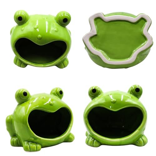 Reptile Tank Accessories – Ceramic Cartoon Frog Hideout with Open-Mouth Entrance, Cute Habitat Shelter for Hermit Crabs, Tortoises, Geckos, Tarantulas & Small Reptiles