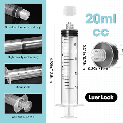 20ml Luer Lock Syringe with Cap and Soft Plastic Tube, 10 Pack | Suitable for Pet Liquids Feeding, Individually Wrapped - size: 20ml - 4.0mm Tube