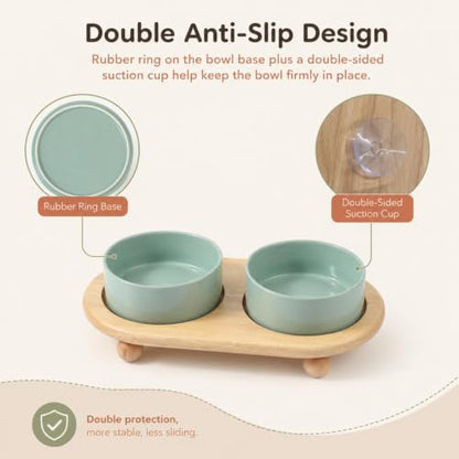 Havniva Raised Cat Bowl 5.1” Elevated Ceramic Cat Food and Water Bowl Set | Cat Bowls Elevated, Whisker Friendly Cat Bowl, Non-Slip Wood Stand, Food-Grade Ceramic, Wide Opening, Dishwasher Safe - color: Light Green, size: 2 Bowls+Tray - 5.1"