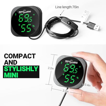 REPTI ZOO Thermometer Hygrometer, LED Digital Thermo Hygrometer for Reptile Terrarium Pet Rearing Box, Reptile Tank Thermometer with 55.2" Cable USB Power Supply