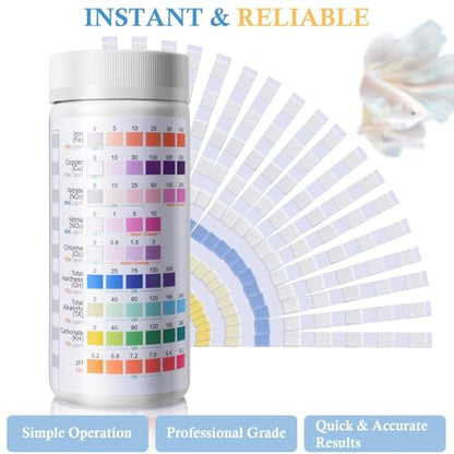 9 in 1 Aquarium Test Strips, 120 Count Fish Tank Water Testing Kit for Freshwater Saltwater Pond, Testing: Fe, Cu, Nitrate, Nitrite, Chlorine, GH, Alkalinity, Carbonate, PH