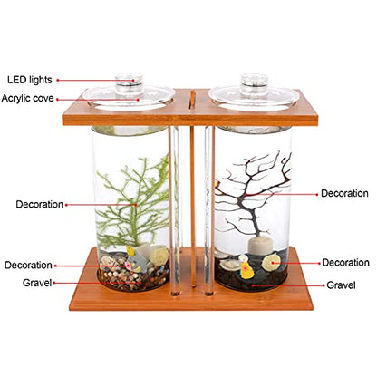 Creative Bamboo and Wood Ecological Fish Tank Creative Fish Tank Small Fish Tank Betta Fish Tank Aquaponic Fish Tank with Dual Glass LED Divider Wood Base DIY Landscape Desktop Aquarium