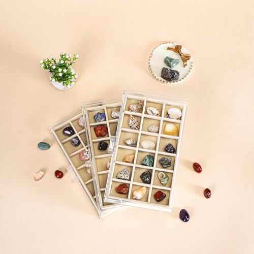 CLUQMEIK Acrylic Rock Collection Display Case with 54 Grids Storage Compartments Rock Collection Boxes Display Organizer Collection Storage Display Cases for Collectibles Crystal /Rock（Beige） - size: Beige