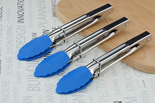 HINMAY Small Tongs with Silicone Tips 7-Inch Serving Tongs, Set of 3 (Blue) - color: Blue