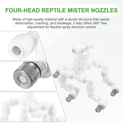 M METERXITY Reptile Mister Nozzles, 0.4mm Pore Copper 1/4" Four-Head Reptile Misting Spray Nozzle with Plug for Terrarium/Vivarium, 360 Degree Adjustable Detachable Nozzles [White]