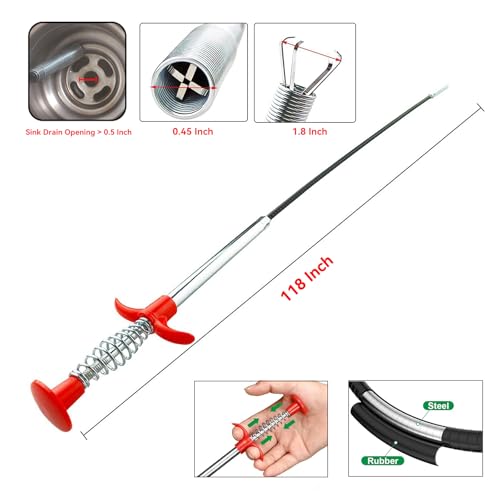 118-Inch Flexible Drain Snake with 4-Claw Grabber for Deep Clogs & Items | Extra-Long Reach • Spring-Loaded 4-Claw Grip • Retrieves Hair, Rings, Screws And Debris From Deep Or Narrow Spaces - style: 118 IN