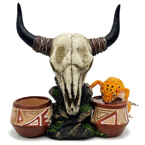 Reptile Water Bowl Bull-Head Shape Gecko Décor Terrarium Tank Decoration | Western bull head skull design, two water/food bowl, for leopard gecko/ bearded dragon and other small reptiles