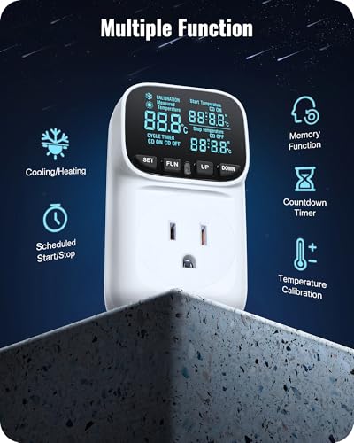 Digital Temperature Controller Outlet, 15A/1800W Heavy Duty Thermostat Plug, VA LCD Display, Heating/Cooling Control, -40°F~210°F, 4 Timer Modes, for Greenhouse Incubator Homebrew W01TC06 - color: White-6.6ft