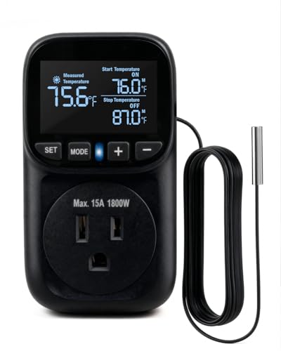 Temperature Controlled Outlet, Heating Cooling Thermostat Outlet | -40℉~210℉, Heavy Duty 15A 1800W Plug in Thermostat with LCD Display, Temperature Controller for Greenhouse Incubator Homebrew - style: Black