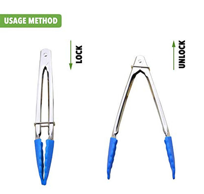 HINMAY Small Tongs with Silicone Tips 7-Inch Serving Tongs, Set of 3 (Blue) - color: Blue