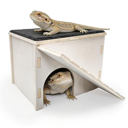 Large Bearded Dragon Basking Platform,Wooden Reptile Hide Cave with Slate Rock Climbing Ramp Tank Accessories for Leopard Geckos,Lizard,Snake,Tortoise (Medium) - size: M:9.1×7.1×7.8"