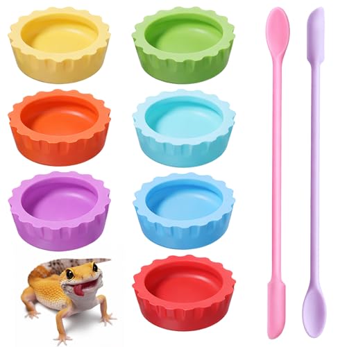 7PCS Silicone Crested Gecko Food Dish and 2PCS Stirred Feedings Stick | Colorful Water Bowl Reusable Small Reptile Feeding Dish for Crab Reptile Tanks Terrarium Accessories Crested