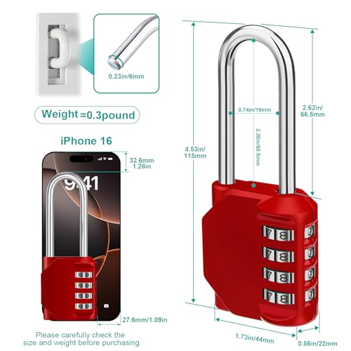 ZHEGE Padlock 2 Pack, Long Shackle Combination Lock Weatherproof (Red) | 4.53" Overall Height, 2.62" Shackle Height, 4 Digit Number Lock for School Gym Locker, Outdoor Padlock for Fence, Gate - color: 2P, Red