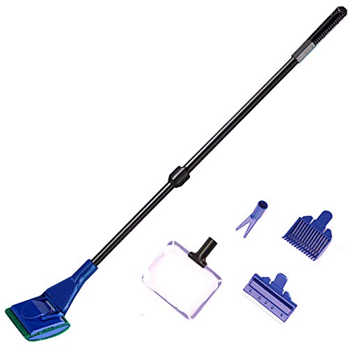 Aquarium Cleaning Tools Kit 5 In 1 Function for Long Deep Fish Tank, Adjustable Length Rod, Including Algae Scrape, Cleaning Sponge, 3.9" Small Fishnet, Gravel Rake, Plant Fork