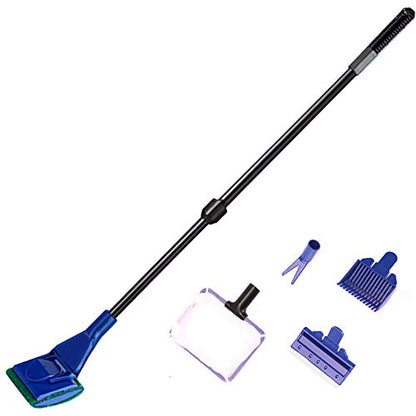 Aquarium Cleaning Tools Kit 5 In 1 Function for Long Deep Fish Tank, Adjustable Length Rod, Including Algae Scrape, Cleaning Sponge, 3.9" Small Fishnet, Gravel Rake, Plant Fork