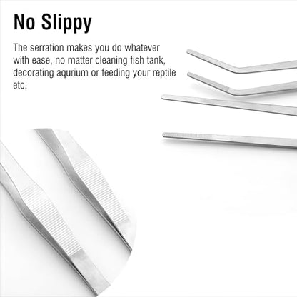 15'' Long Aquarium Tweezers, 304 Stainless Aquascaping Tongs, Pack of 2 | Snake Feeding Tweezers, for Salt & Fresh Water Fish Tank, Curved & Straight