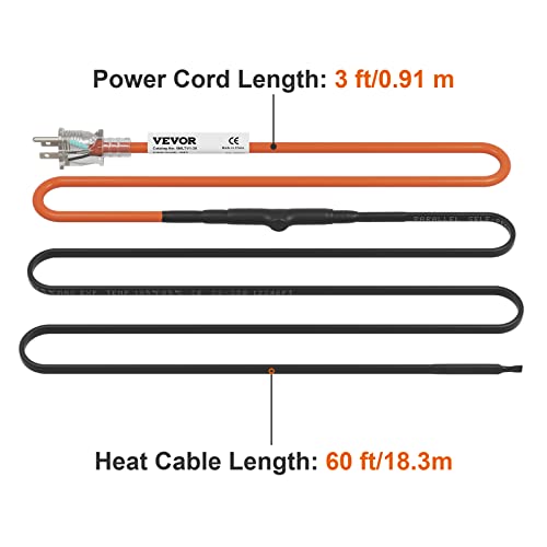 VEVOR Self-Regulating Pipe Heating Cable, 60-feet 5W/ft Heat Tape for Pipes Freeze Protection, Protects PVC Hose, Metal and Plastic Pipe from Freezing, 120V - size: 60 Feet