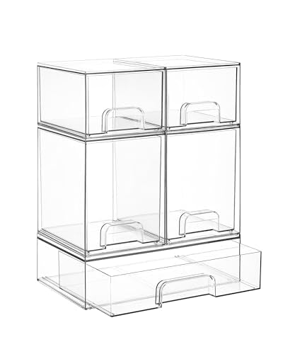 Vtopmart Stackable Storage Drawers Set of 5, Clear Plastic Organizer Bins for Baby Bottle, Beauty Supplies Storage, Ideal for Kichen Countertop, Vanity, Bathroom, Cabinet, Pantry Organization - style: 2 Small+2 High+1 Wide