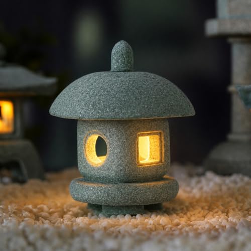 Japanese Pagoda LED Lamp Statue Figurine, Small Pagoda Lantern with Warm LED Light, Zen Garden Decor, Japanese Decor for Home, Desk, Bonsai, Terrarium, Aquarium Ornament - style: Style J