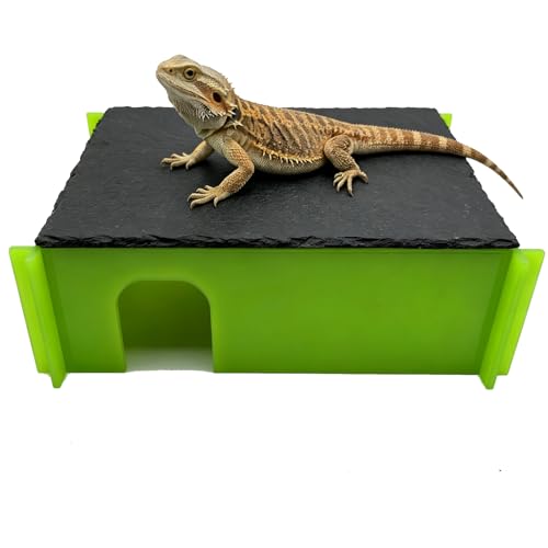 Reptile Basking Platform Hideout, Acrylic Snake Hide Cave with Natural Slate Rock, Terrarium Decor for Bearded Dragon Tank Accessories, Ball Python, Leopard Gecko, Tortoise & Chameleon (Large Green) - color: Large Green