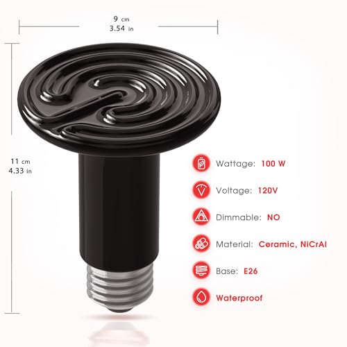 Ceramic Heat Emitter for Reptiles, 2 Pack 100W Heat Lamp Bulb | E26 Ceramic Reptile Heat Bulb Black No Light Emitting Heat Lamp for Amphibian Pet Heat Bulb for Bearded Dragon Turtle Lizard